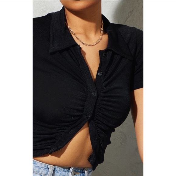 PLT | Black Acetate Slinky Ruched Front Short Sleeve Shirt - Picture 3 of 3